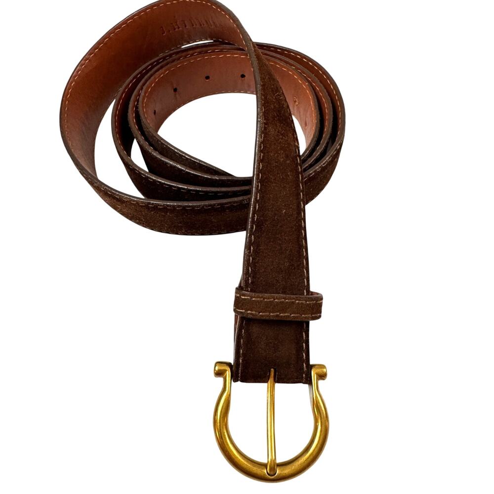 Vintage J.Hilburn USA Men French Calf Belt Brown Suede Gold Brass Buckle Size 55